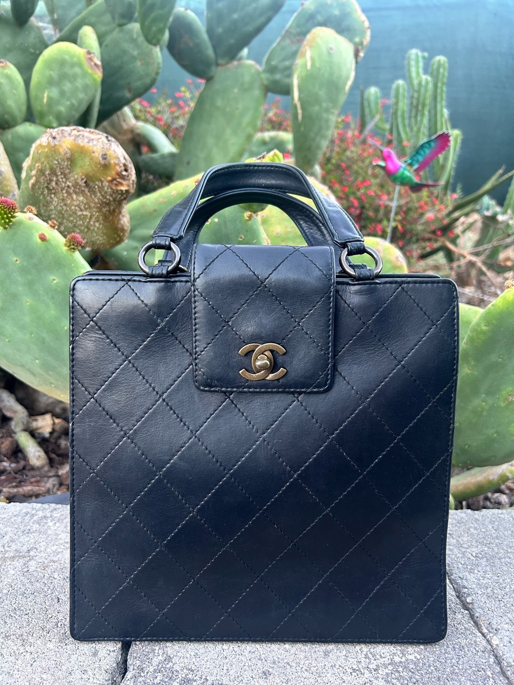 CHANEL Black Quilted Square Top-Handle Satchel with Bronze CC